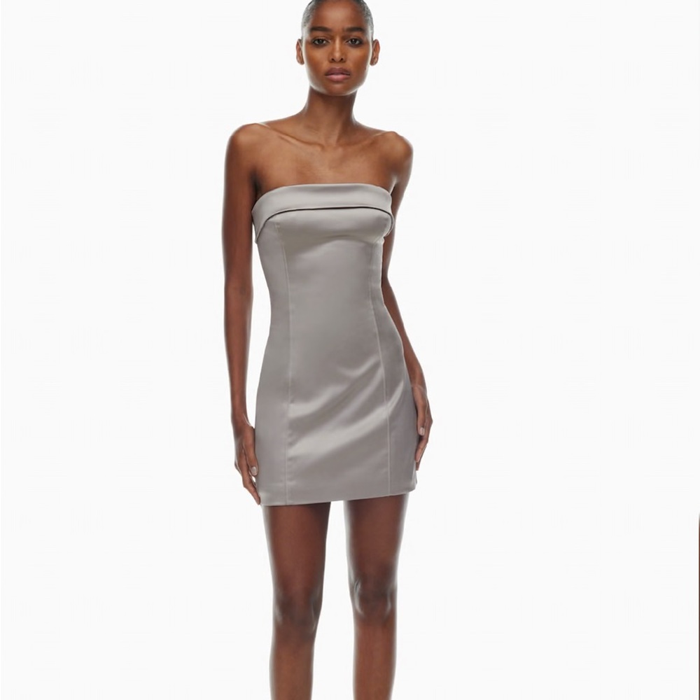 Aritzia Strapless Satin Dress in Silver Gray